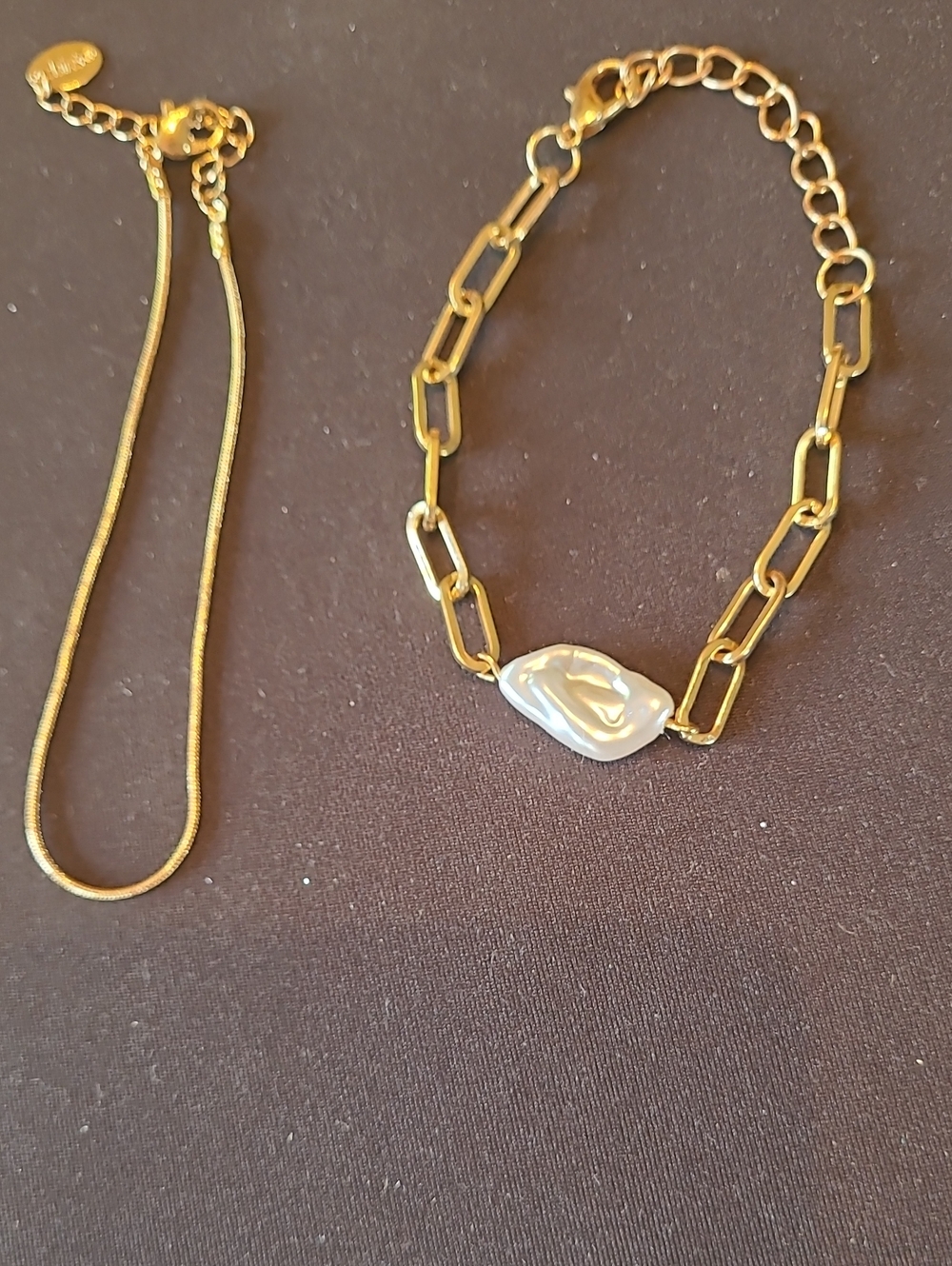Gold Chain Bracelet with Baroque Pearl Accent and Gold Tone Bracelet